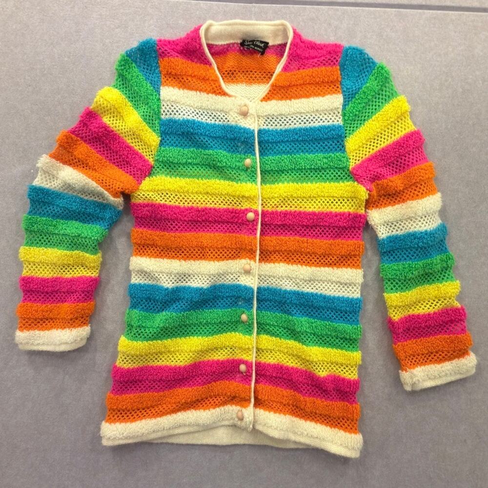 Susie Clark Cardigan Rainbow Striped Vintage Knit Button Front Colorful Sweater